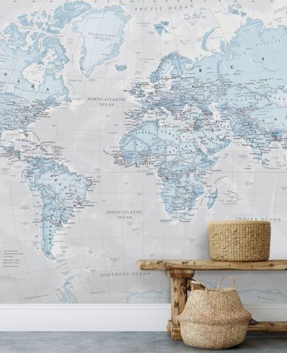 Decorazione murale con mappa del mondo politica azzurra Decorazione murale con mappa del mondo politica azzurra