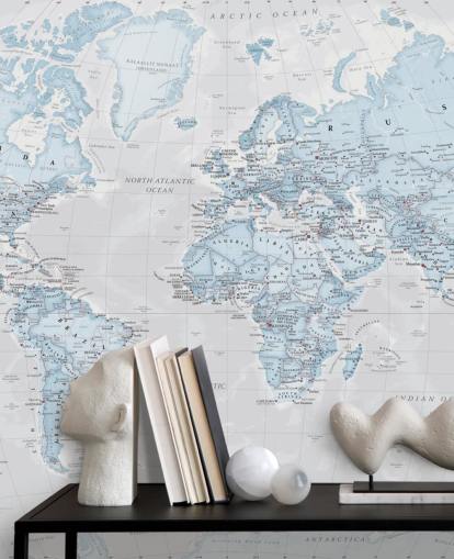 Light Blue Political World Map Mural