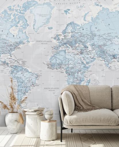 Mural do Mapa Mundial Político Azul Claro