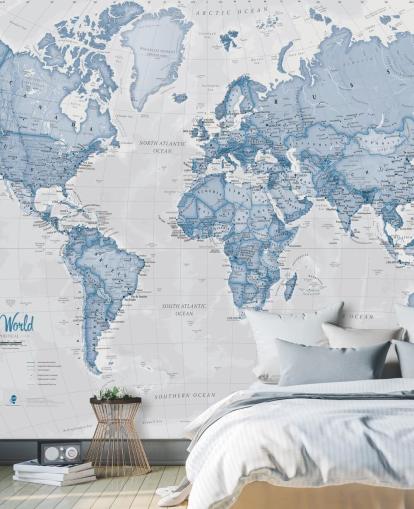 blue custom world map wallpaper mural called World Political Blue by Lovell Johns for offices and bedrooms