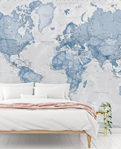 mural de papel de parede azul personalizado do mapa-múndi chamado World Political Blue de Lovell Johns para escritórios e quartos