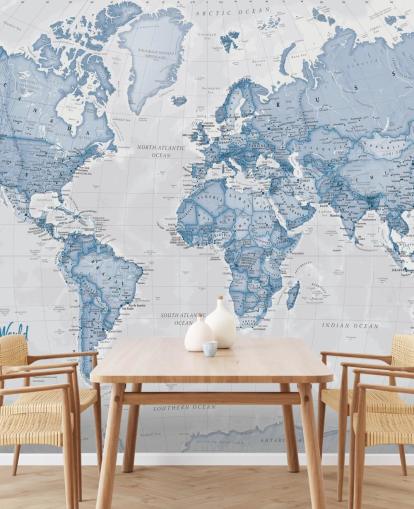 mural azul personalizado de mapa del mundo llamado World Political Blue de Lovell Johns para oficinas y dormitorios