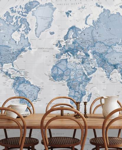mural azul personalizado de mapa del mundo llamado World Political Blue de Lovell Johns para oficinas y dormitorios