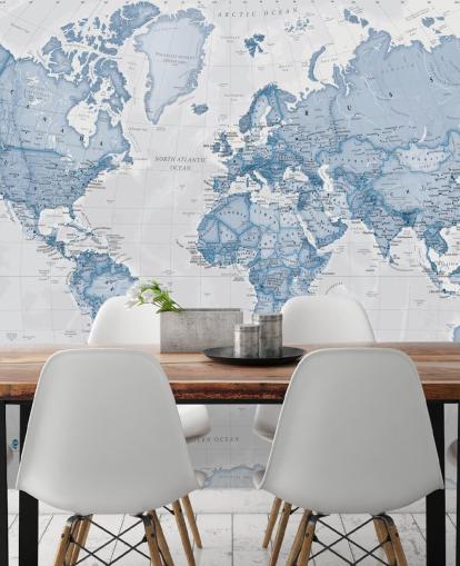 blue custom world map wallpaper mural called World Political Blue by Lovell Johns for offices and bedrooms