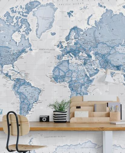 carta da parati murale blu personalizzata con mappa del mondo chiamata World Political Blue di Lovell Johns per uffici e camere da letto