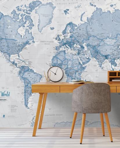 carta da parati murale blu personalizzata con mappa del mondo chiamata World Political Blue di Lovell Johns per uffici e camere da letto