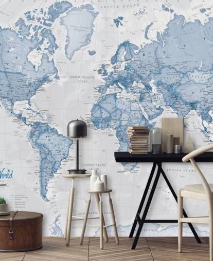 mural de papel de parede azul personalizado do mapa-múndi chamado World Political Blue de Lovell Johns para escritórios e quartos mural de papel de parede azul personalizado do mapa-múndi chamado World Political Blue de Lovell Johns para escritórios e quartos