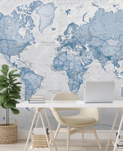 blaue benutzerdefinierte Weltkarten-Tapete namens World Political Blue von Lovell Johns für Büros und Schlafzimmer blaue benutzerdefinierte Weltkarten-Tapete namens World Political Blue von Lovell Johns für Büros und Schlafzimmer