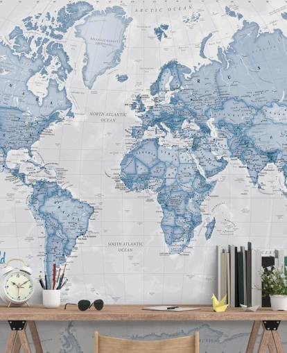 mural azul personalizado de mapa del mundo llamado World Political Blue de Lovell Johns para oficinas y dormitorios