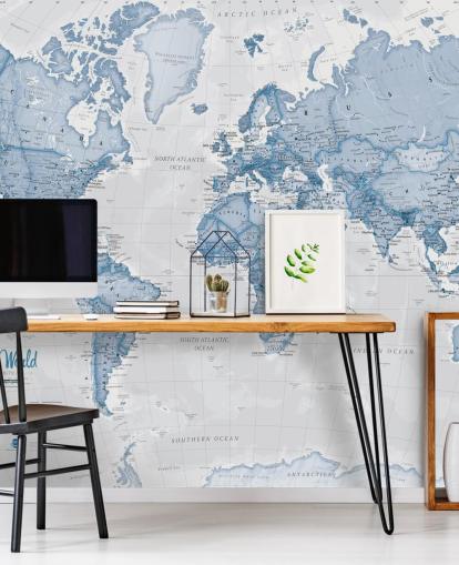carta da parati murale blu personalizzata con mappa del mondo chiamata World Political Blue di Lovell Johns per uffici e camere da letto carta da parati murale blu personalizzata con mappa del mondo chiamata World Political Blue di Lovell Johns per uffici e camere da letto