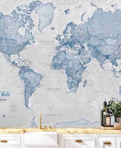 mural azul personalizado de mapa del mundo llamado World Political Blue de Lovell Johns para oficinas y dormitorios