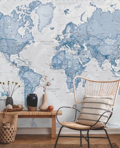 blue custom world map wallpaper mural called World Political Blue by Lovell Johns for offices and bedrooms