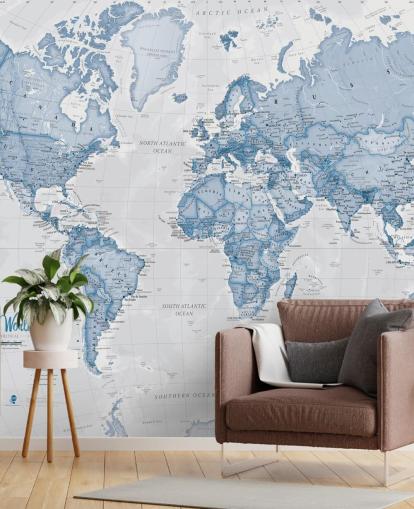 blauwe op maat gemaakte wereldkaart behangmuurschildering genaamd World Political Blue van Lovell Johns voor kantoren en slaapkamers blauwe op maat gemaakte wereldkaart behangmuurschildering genaamd World Political Blue van Lovell Johns voor kantoren en slaapkamers