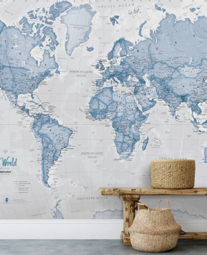 mural de papel de parede azul personalizado do mapa-múndi chamado World Political Blue de Lovell Johns para escritórios e quartos mural de papel de parede azul personalizado do mapa-múndi chamado World Political Blue de Lovell Johns para escritórios e quartos