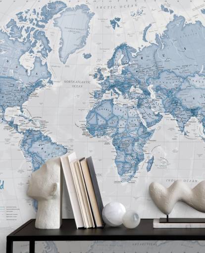 blaue benutzerdefinierte Weltkarten-Tapete namens World Political Blue von Lovell Johns für Büros und Schlafzimmer blaue benutzerdefinierte Weltkarten-Tapete namens World Political Blue von Lovell Johns für Büros und Schlafzimmer