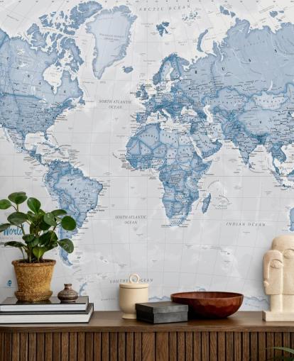 carta da parati murale blu personalizzata con mappa del mondo chiamata World Political Blue di Lovell Johns per uffici e camere da letto
