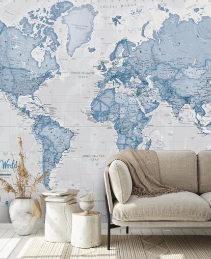 blue custom world map wallpaper mural called World Political Blue by Lovell Johns for offices and bedrooms