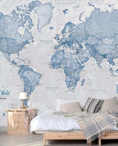 blue custom world map wallpaper mural called World Political Blue by Lovell Johns for offices and bedrooms