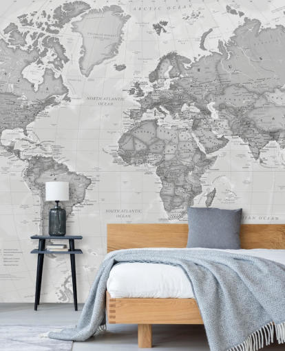 carta da parati murale con mappa del mondo grigia chiamata World Political Grey di Lovell Johns per uffici, salotti e cucine