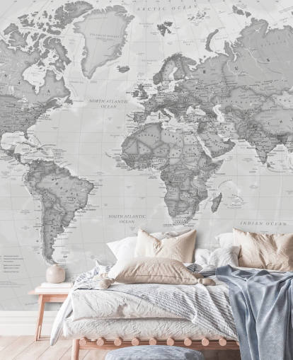 mural de papel pintado con un mapa del mundo gris llamado World Political Grey de Lovell Johns para oficinas, salas de estar y cocinas