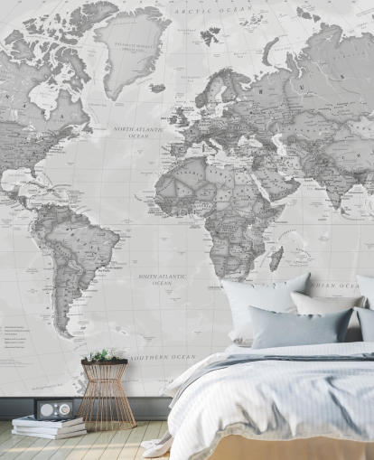 mural de papel pintado con un mapa del mundo gris llamado World Political Grey de Lovell Johns para oficinas, salas de estar y cocinas