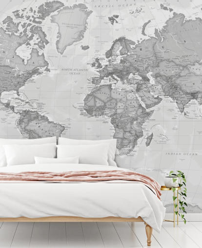 gray world map wallpaper mural called World Political Gray by Lovell Johns for offices, living rooms and kitchens