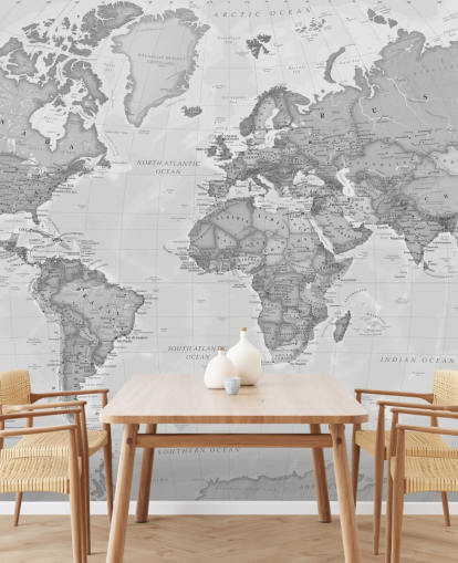 gray world map wallpaper mural called World Political Gray by Lovell Johns for offices, living rooms and kitchens