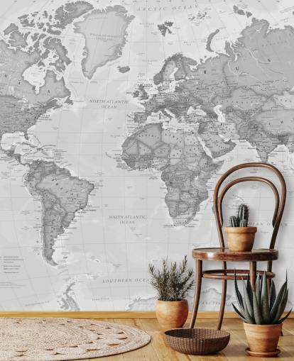 gray world map wallpaper mural called World Political Gray by Lovell Johns for offices, living rooms and kitchens