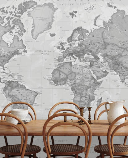 mural de papel pintado con un mapa del mundo gris llamado World Political Grey de Lovell Johns para oficinas, salas de estar y cocinas