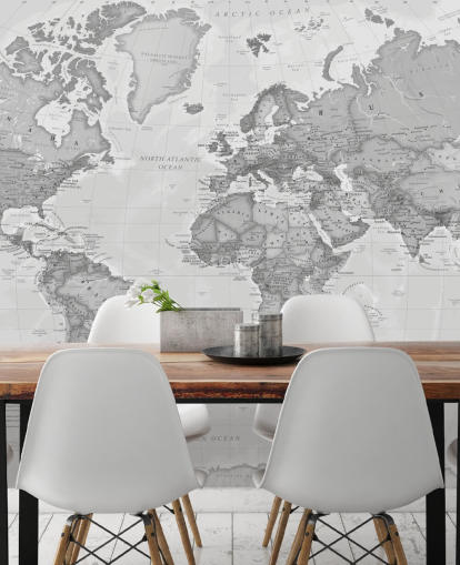 mural de papel pintado con un mapa del mundo gris llamado World Political Grey de Lovell Johns para oficinas, salas de estar y cocinas