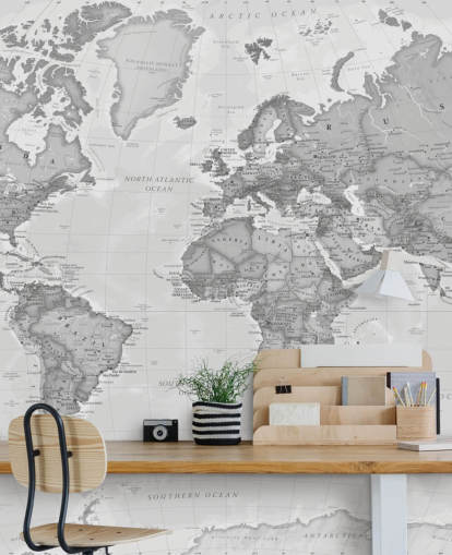 mural de papel pintado con un mapa del mundo gris llamado World Political Grey de Lovell Johns para oficinas, salas de estar y cocinas