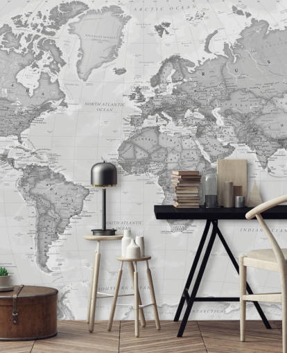 mural de papel de parede cinza do mapa-múndi chamado World Political Grey de Lovell Johns para escritórios, salas de estar e cozinhas