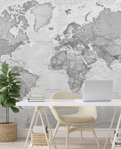 mural de papel pintado con un mapa del mundo gris llamado World Political Grey de Lovell Johns para oficinas, salas de estar y cocinas
