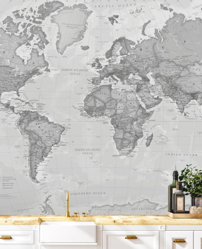 mural de papel pintado con un mapa del mundo gris llamado World Political Grey de Lovell Johns para oficinas, salas de estar y cocinas