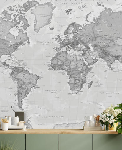 gray world map wallpaper mural called World Political Gray by Lovell Johns for offices, living rooms and kitchens gray world map wallpaper mural called World Political Gray by Lovell Johns for offices, living rooms and kitchens