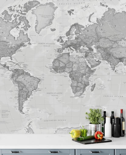grijze wereldkaart behangmuurschildering genaamd World Political Grey van Lovell Johns voor kantoren, woonkamers en keukens grijze wereldkaart behangmuurschildering genaamd World Political Grey van Lovell Johns voor kantoren, woonkamers en keukens