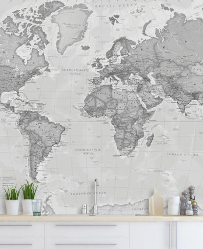 carta da parati murale con mappa del mondo grigia chiamata World Political Grey di Lovell Johns per uffici, salotti e cucine