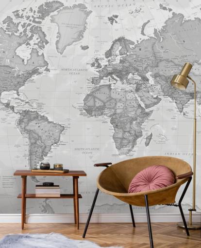 mural de papel de parede cinza do mapa-múndi chamado World Political Grey de Lovell Johns para escritórios, salas de estar e cozinhas