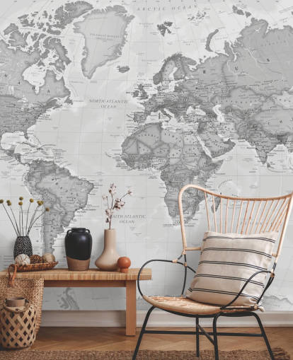 papier peint mural gris avec carte du monde appelé World Political Grey par Lovell Johns pour les bureaux, les salons et les cuisines papier peint mural gris avec carte du monde appelé World Political Grey par Lovell Johns pour les bureaux, les salons et les cuisines