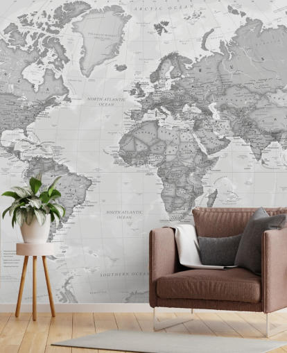 grey world map wallpaper mural called World Political Grey by Lovell Johns for offices, living rooms and kitchens