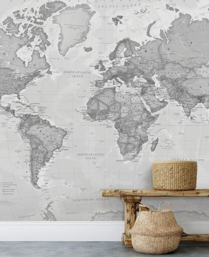 gray world map wallpaper mural called World Political Gray by Lovell Johns for offices, living rooms and kitchens