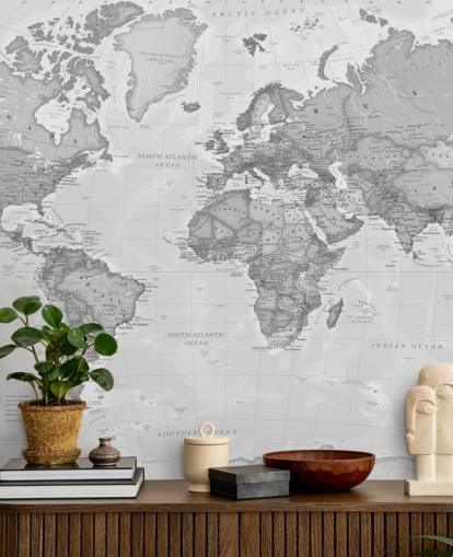 mural de papel pintado con un mapa del mundo gris llamado World Political Grey de Lovell Johns para oficinas, salas de estar y cocinas