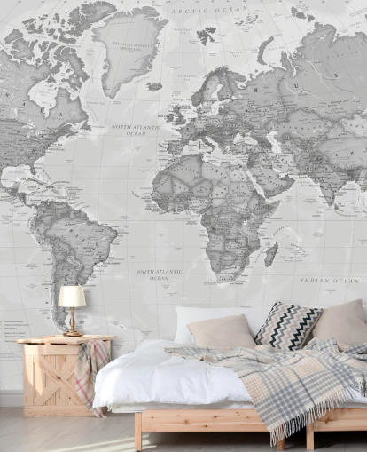 gray world map wallpaper mural called World Political Gray by Lovell Johns for offices, living rooms and kitchens