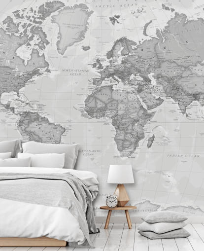 grijze wereldkaart behangmuurschildering genaamd World Political Grey van Lovell Johns voor kantoren, woonkamers en keukens grijze wereldkaart behangmuurschildering genaamd World Political Grey van Lovell Johns voor kantoren, woonkamers en keukens