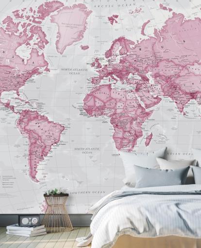 Weltkarten-Tapete in Rosa und Grau Weltkarten-Tapete in Rosa und Grau