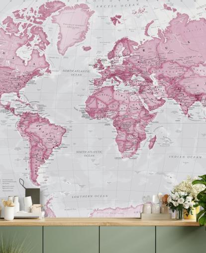 Papier peint carte du monde rose et gris