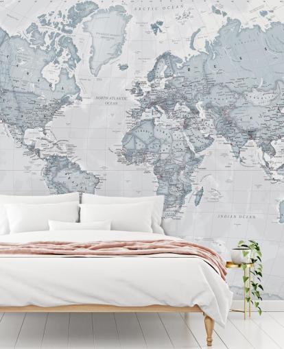 Carta da parati murale personalizzabile con mappa del mondo chiamata World Political Teal per camere da letto, salotti e uffici domestici