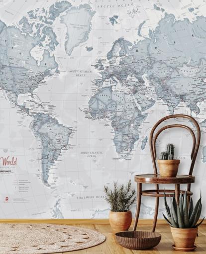 mural de papel de parede de mapa mundial personalizável em azul-petróleo chamado World Political Teal para quartos, salas de estar e escritórios domésticos