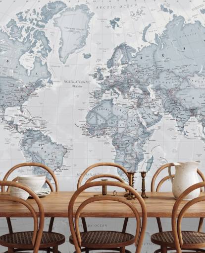 mural de papel de parede de mapa mundial personalizável em azul-petróleo chamado World Political Teal para quartos, salas de estar e escritórios domésticos