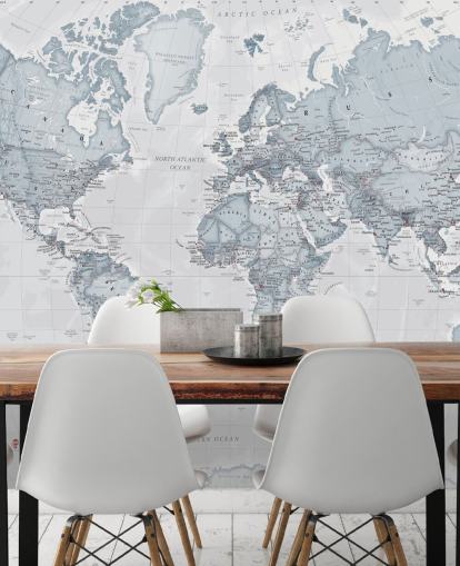 Carta da parati murale personalizzabile con mappa del mondo chiamata World Political Teal per camere da letto, salotti e uffici domestici